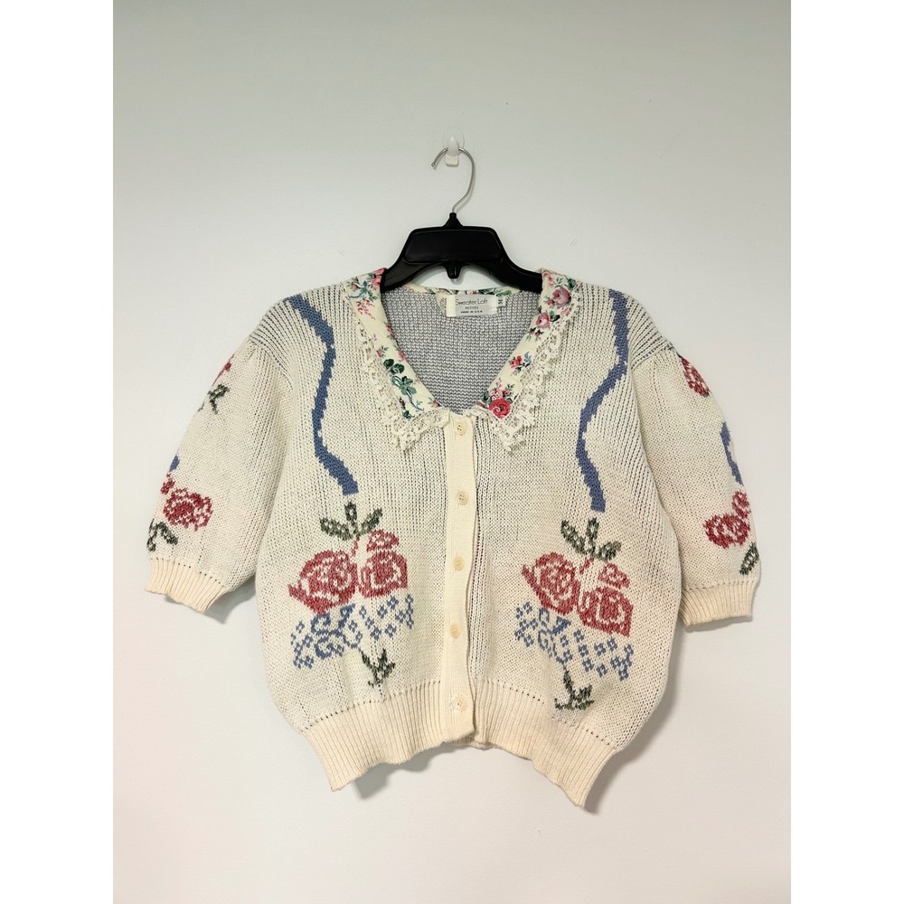VTG Knit Sweater Loft Floral Lace Collar Cardigan Cream Cotton Short Sleeve Med